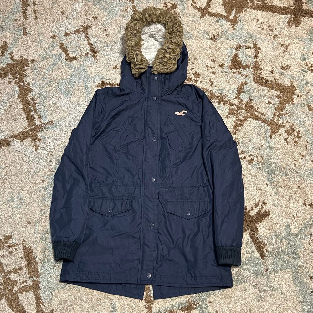 Hollister All Weather Jacket Womens Size Medium Navy Faux Fur Hood